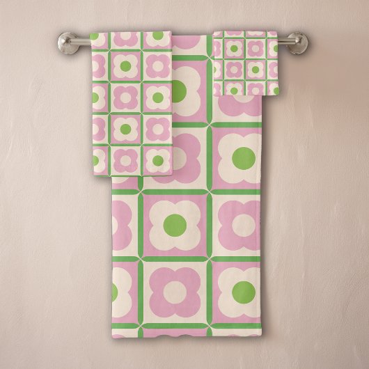 Retro Bloemen Checker Patroon Roze en Groen Bad Handdoek