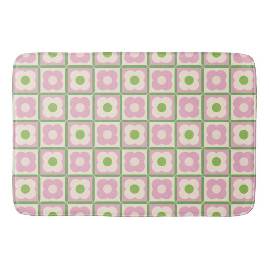Retro Bloemen Checker Patroon Roze en Groen Badmat (Voorkant)