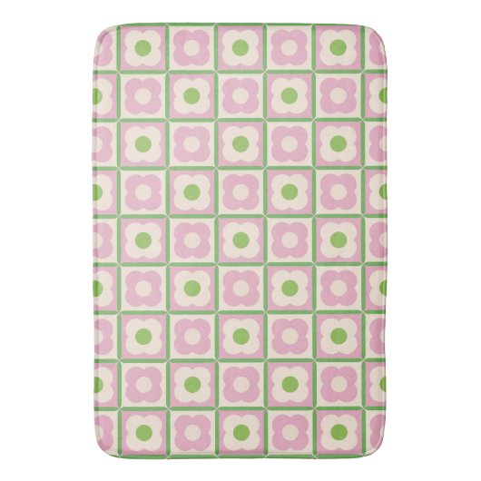 Retro Bloemen Checker Patroon Roze en Groen Badmat (Voorkant Verticaal)