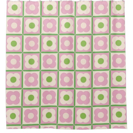 Retro Bloemen Checker Patroon Roze en Groen Douchegordijn (Voorkant)