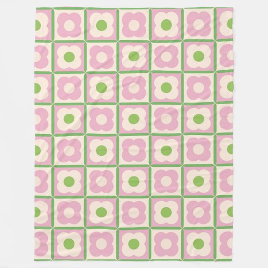 Retro Bloemen Checker Patroon Roze en Groen Fleece Deken (Voorkant)