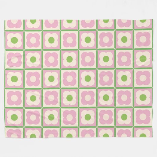 Retro Bloemen Checker Patroon Roze en Groen Fleece Deken (Voorkant (Horizontaal))