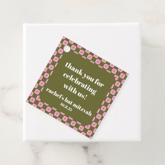 Retro Bloemen Checkerboard Roze Groene Vleermuis M Bedankjes Labels (In situ)