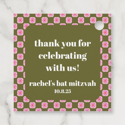 Retro Bloemen Checkerboard Roze Groene Vleermuis M Bedankjes Labels (Achterkant)