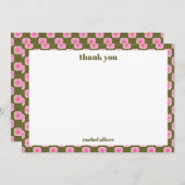 Retro Bloemen Checkerboard Roze Groene Vleermuis M Bedankkaart (Voorkant / Achterkant)