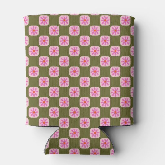 Retro Bloemen Checkerboard Roze Groene Vleermuis M Blikjeskoeler (Achterkant)