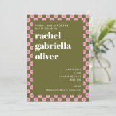 Retro Bloemen Checkerboard Roze Groene Vleermuis M Kaart (Staand voorkant)