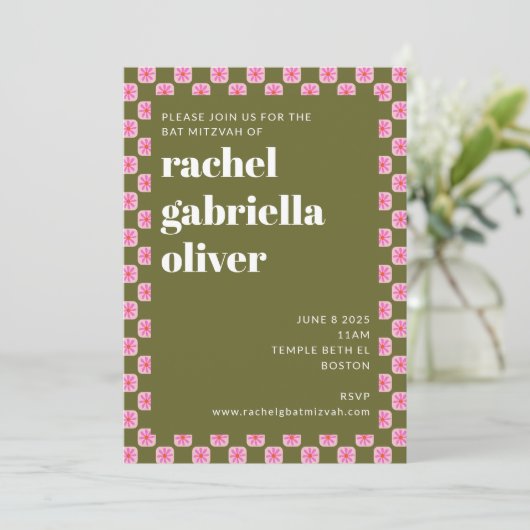 Retro Bloemen Checkerboard Roze Groene Vleermuis M Kaart (Staand voorkant)