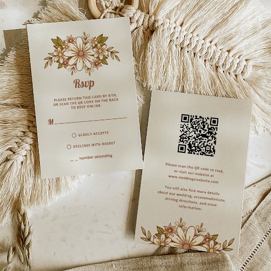 Retro Bloemen | Combo QR Code en Traditioneel RSVP Kaartje