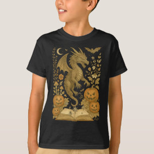 Retro Bloemen Dragon Boek Pompoen Spooky Lezen Ha T-shirt