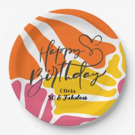  Retro Bloemen Elegante & Kleurrijke Verjaardag Papieren Bordje