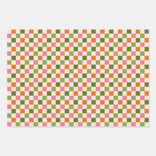 Retro Bloemen en dambord Roze Sinaasappel Groen Inpakpapier Vel (Voorkant)