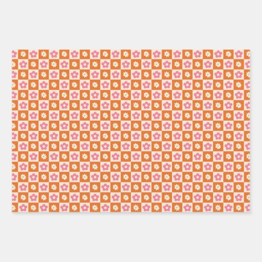 Retro Bloemen en dambord Roze Sinaasappel Groen Inpakpapier Vel (Voorkant 3)