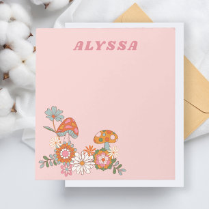 Retro Bloemen en Paddestoel Moderne Pastel Roze Notitieblok