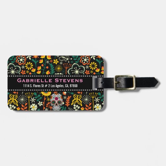Retro bloemen en suikerschedel bagagelabel (Voorkant horizontaal)