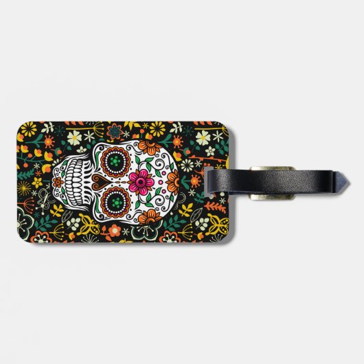 Retro bloemen en suikerschedel bagagelabel (Achterkant horizontaal)