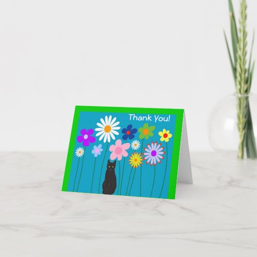 Retro bloemen en zwarte kat dank je kaarten (Voorkant)