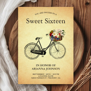 Retro Bloemen Fiets 16e Verjaardag Sweet Sixteen Kaart