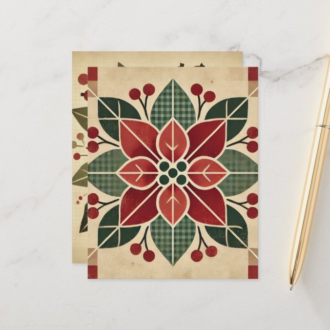 Retro Bloemen Folk Art Poinsettia Scrapbook Papier (Voorkant / Achterkant in situ)