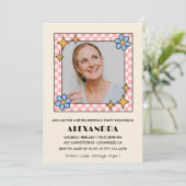 Retro Bloemen Foto 44e verjaardag uitnodiging Blau (Staand voorkant)