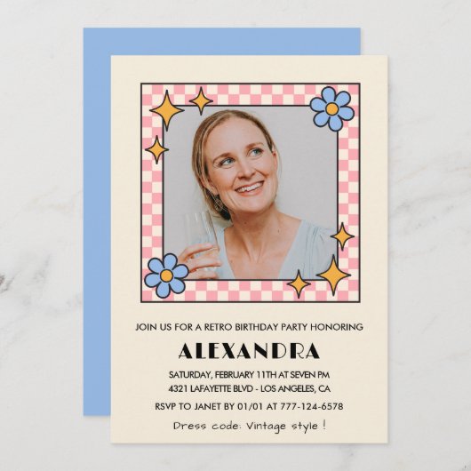 Retro Bloemen Foto 48e verjaardag uitnodiging Blau (Voorkant / Achterkant)