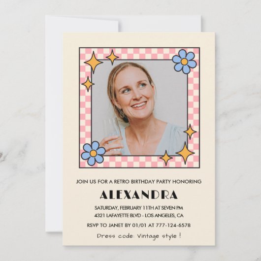 Retro Bloemen Foto 68e verjaardag uitnodiging Blau (Voorkant)