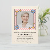 Retro Bloemen Foto 79e verjaardag uitnodiging Blau (Staand voorkant)