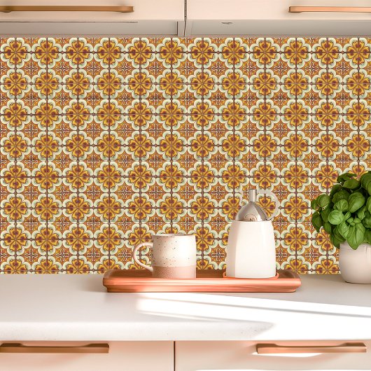 Retro bloemen geel en bruin tegeltje