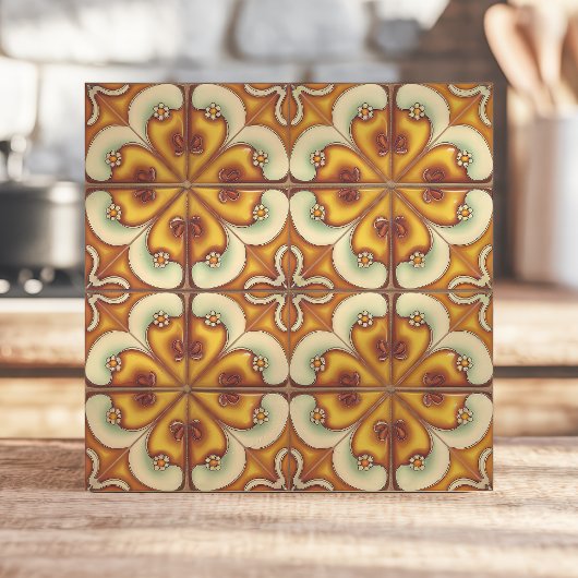 Retro bloemen geel en bruin tegeltje