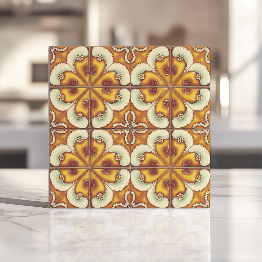 Retro bloemen geel en bruin tegeltje