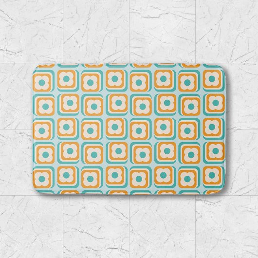 Retro Bloemen Geometrisch Patroon Aqua Sinaasappel Badmat