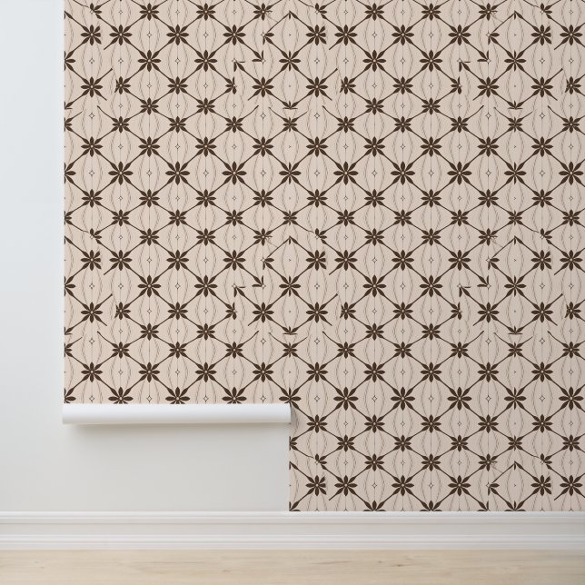 Retro Bloemen Geometrisch Patroon in Bruin Behang (Applicatie)