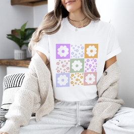 Retro bloemen geruit t-shirt