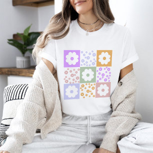 Retro bloemen geruit t-shirt