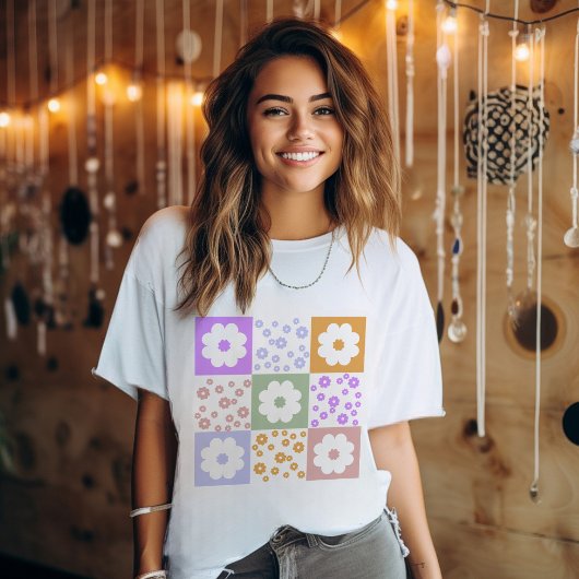 Retro bloemen geruit t-shirt