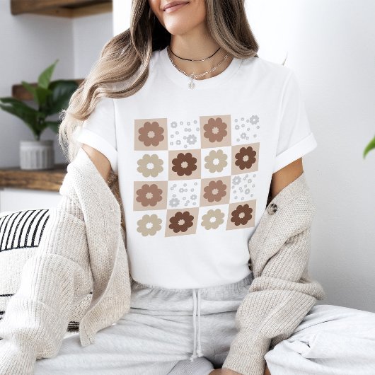 Retro bloemen geruit T-shirt