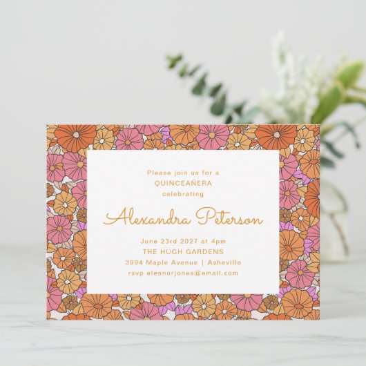 Retro Bloemen Grens Sinaasappel Roze Quinceañera Kaart (Staand voorkant)
