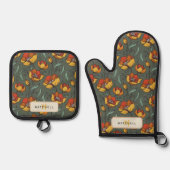 Retro Bloemen Groen Goud Sinaasappel Gepersonalise Ovenwant & Pannenlap Set (Voorkant)