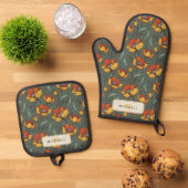 Retro Bloemen Groen Goud Sinaasappel Gepersonalise Ovenwant & Pannenlap Set (Top down)