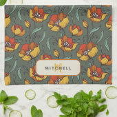 Retro Bloemen Groen Goud Sinaasappel Gepersonalise Theedoek (Gevouwen)