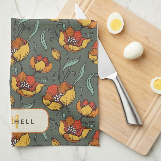 Retro Bloemen Groen Goud Sinaasappel Gepersonalise Theedoek (Quarter Fold)