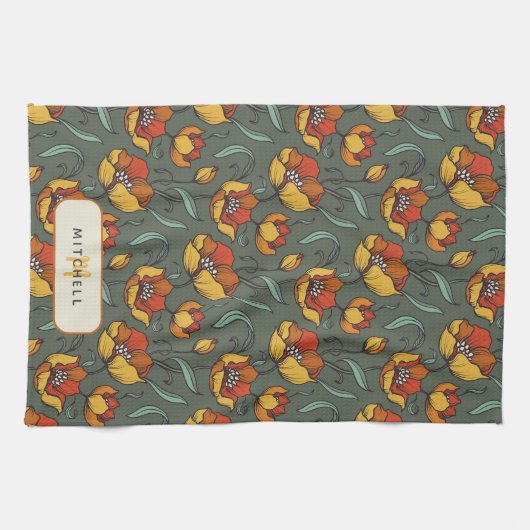 Retro Bloemen Groen Goud Sinaasappel Gepersonalise Theedoek (Horizontaal)