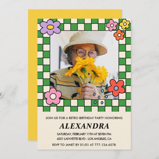 Retro Bloemen Groovy Foto 94e verjaardag Kaart (Voorkant / Achterkant)