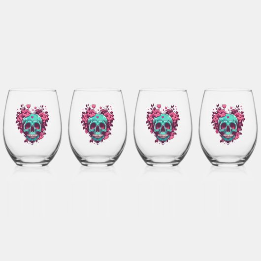 Retro Bloemen Hart Rockabilly Schedel Wijnglas Zonder Voet (Voorkant)
