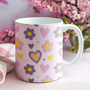 Retro Bloemen Harten Patroon Roze, Paars, Geel Mok