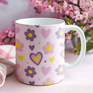 Retro Bloemen Harten Patroon Roze, Paars, Geel Mok