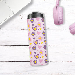Retro Bloemen Harten Patroon Roze, Paars, Geel Thermosbeker