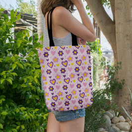 Retro Bloemen Harten Patroon Roze, Paars, Geel Tote Bag