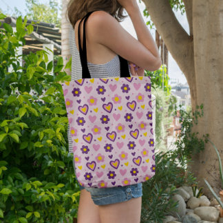 Retro Bloemen Harten Patroon Roze, Paars, Geel Tote Bag