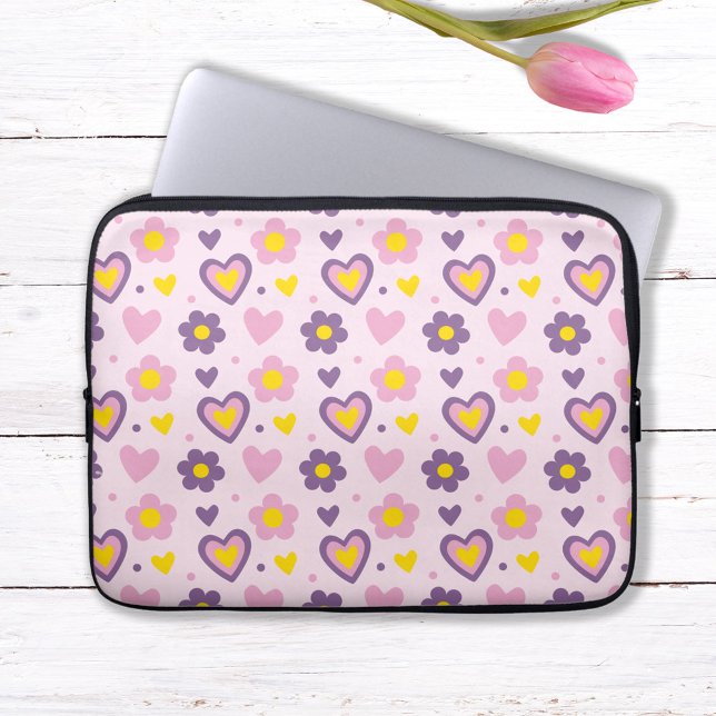 Retro Bloemen Harten Patroon roze, Paarse, geel Laptop Sleeve (Creator heeft geüpload)